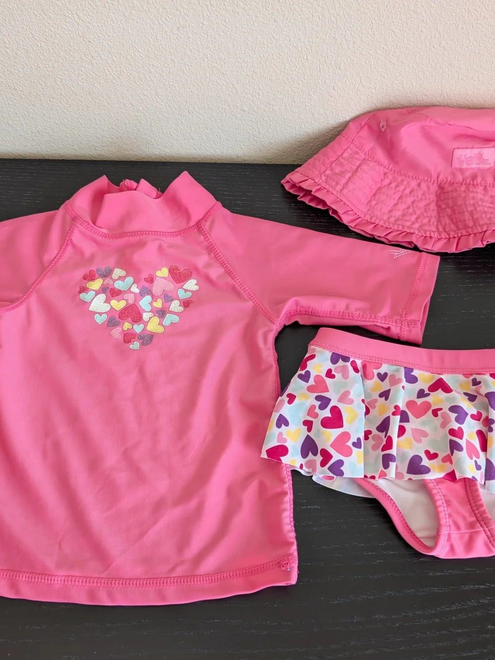 Pink Heart Rash Guard Swim Set with Hat and Skirted Bottom Girl 2T